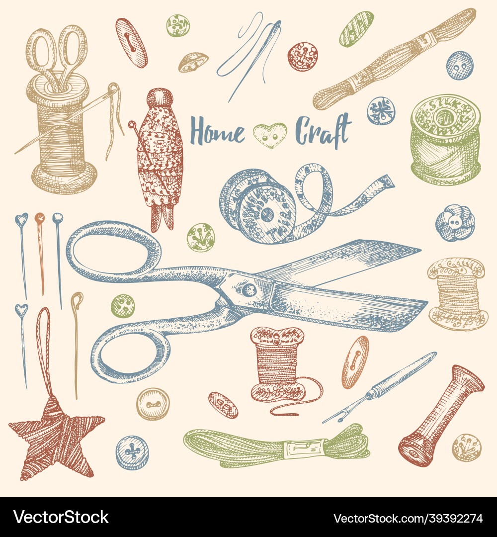 Set von handgezeichneten Vintage-Nähwerkzeuge Nähte Set von handgezeichneten Vintage-Nähwerkzeuge Nähte vektorbild