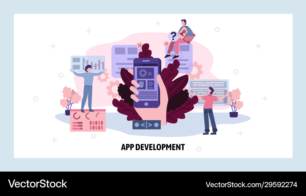 Team developers create mobile phone application Team developers create mobile phone application vector image