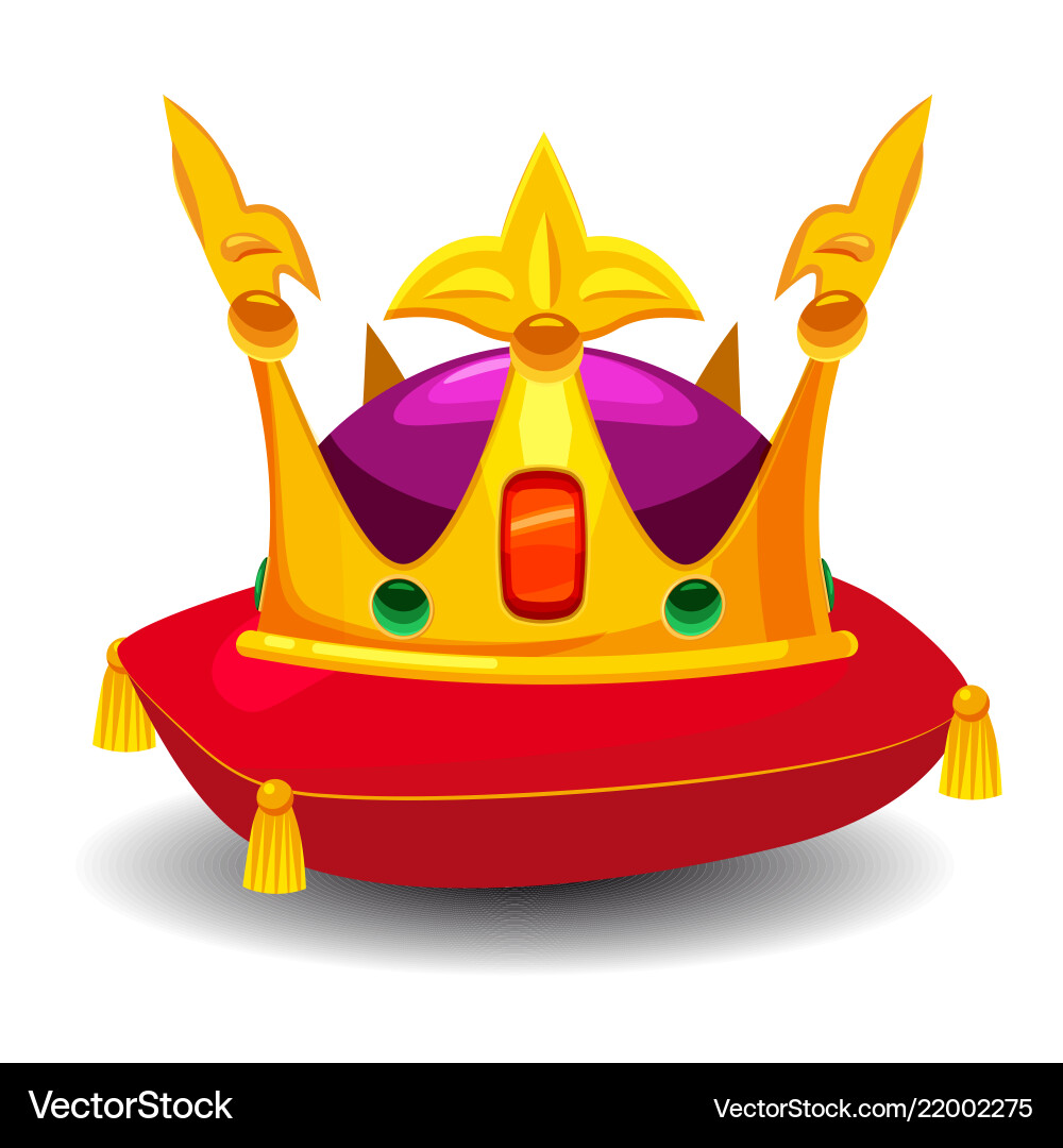 Gold crown with precious stones on red pillow Gold crown with precious stones on red pillow vector image