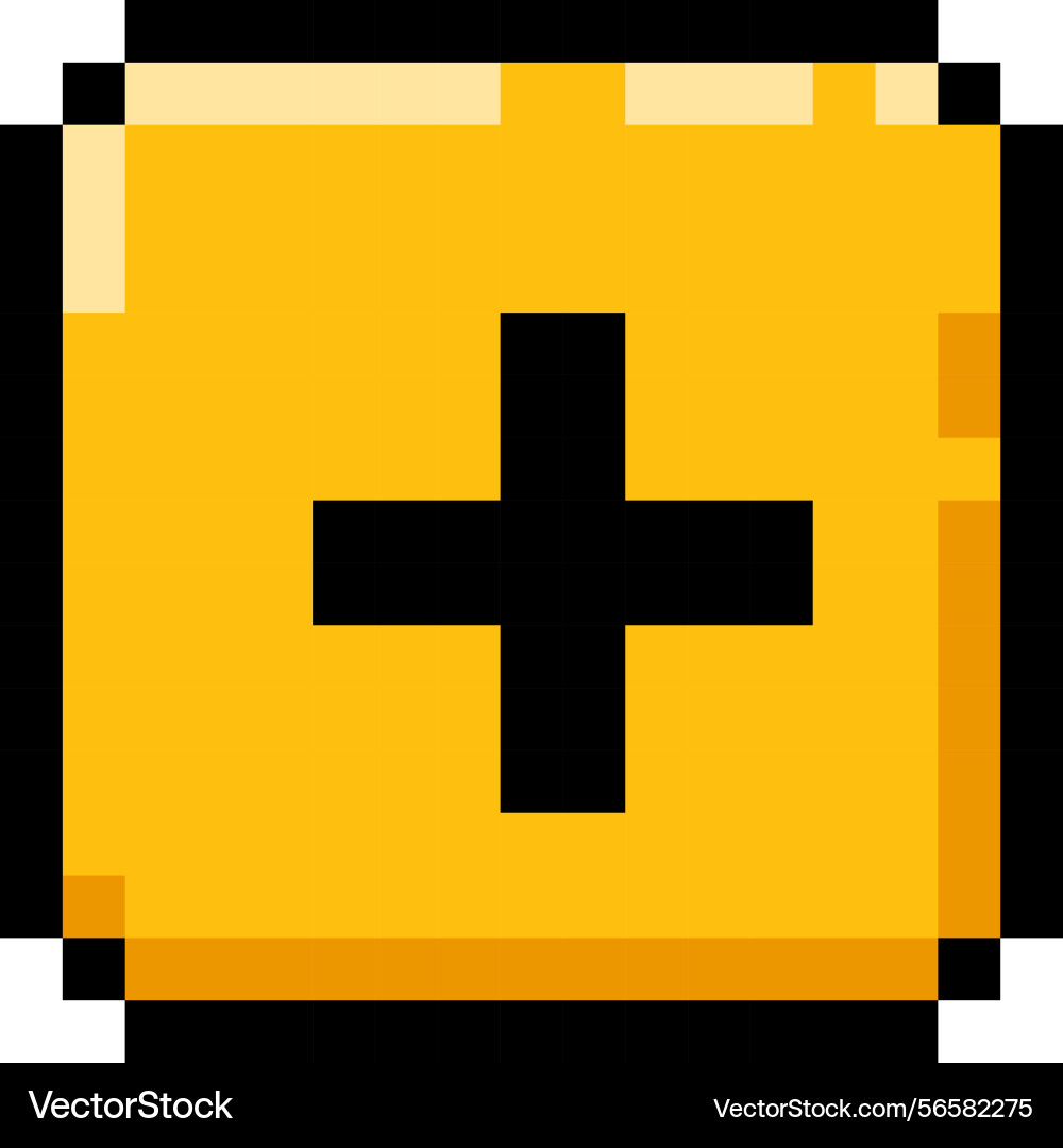 Pixel game button with plus sign yellow Pixel game button with plus sign yellow vector image