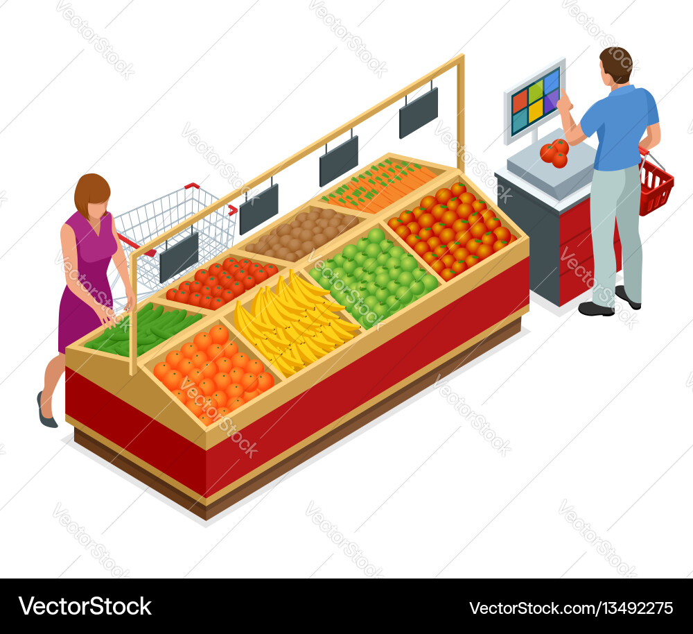 Women and man shopping vegetables fruits vector image