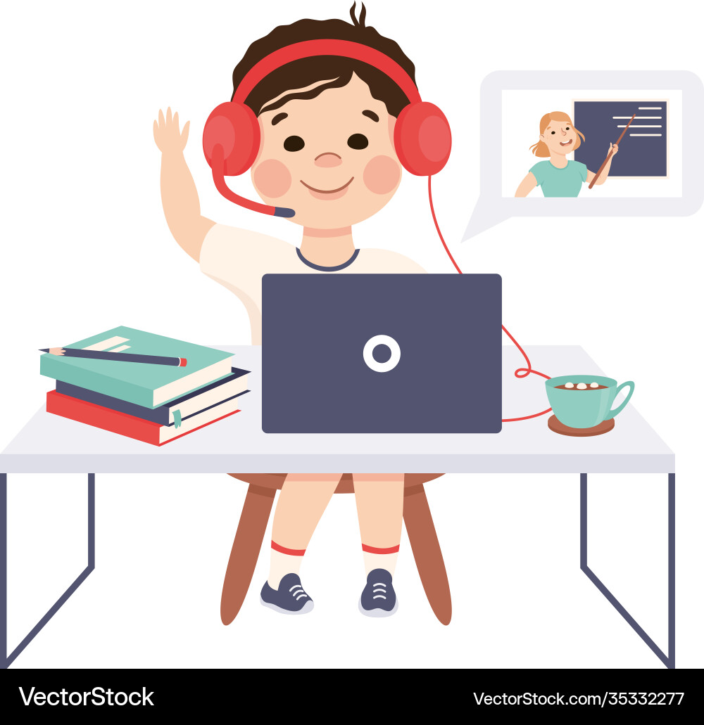 Boy in headphones studying online using computer vector image