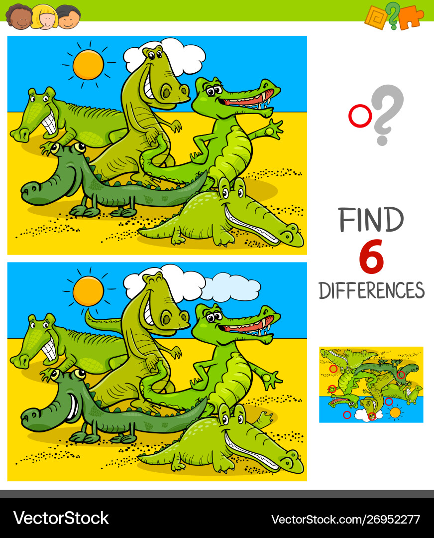 Differences game with crocodiles animal characters Differences game with crocodiles animal characters vector image