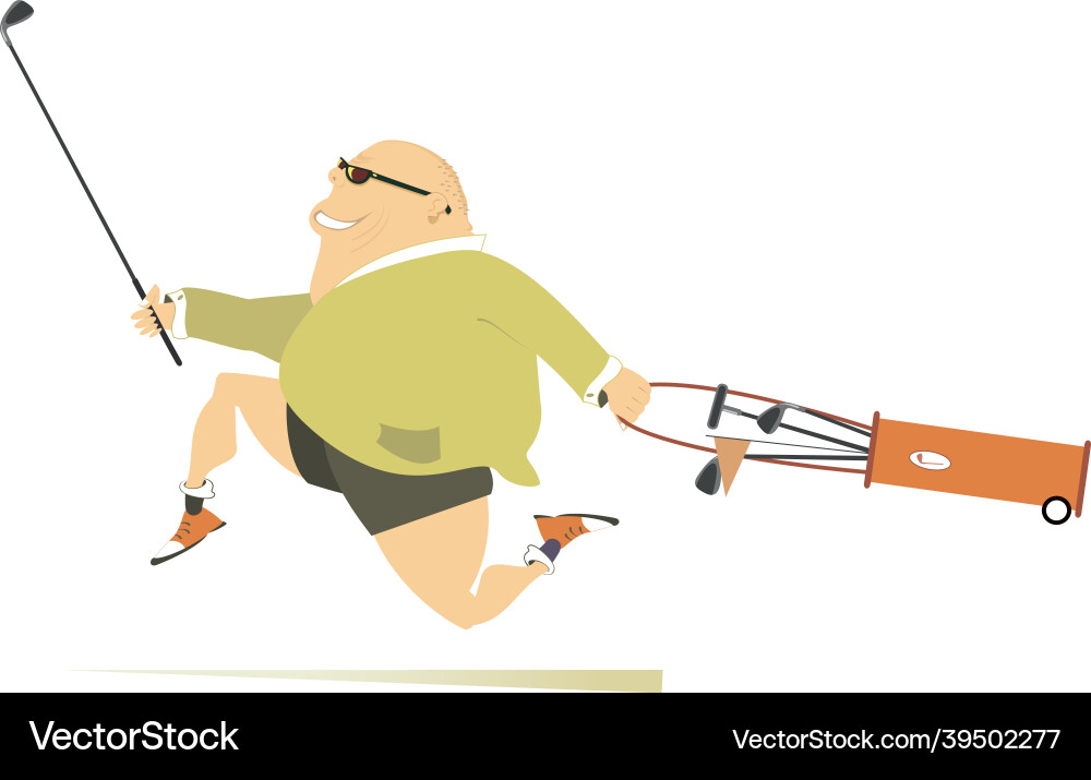 Smiling fat golfer man runs to play golf Smiling fat golfer man runs to play golf vector image