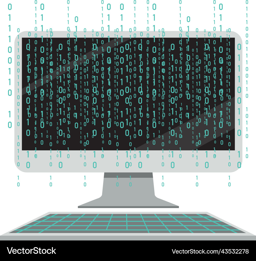 Computer with binary code screen vector image