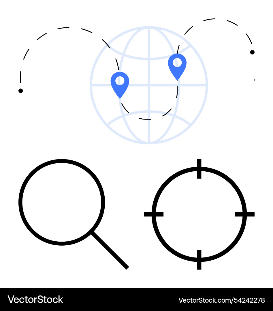 Global navigation with magnifying glass and target Global navigation with magnifying glass and target vector image
