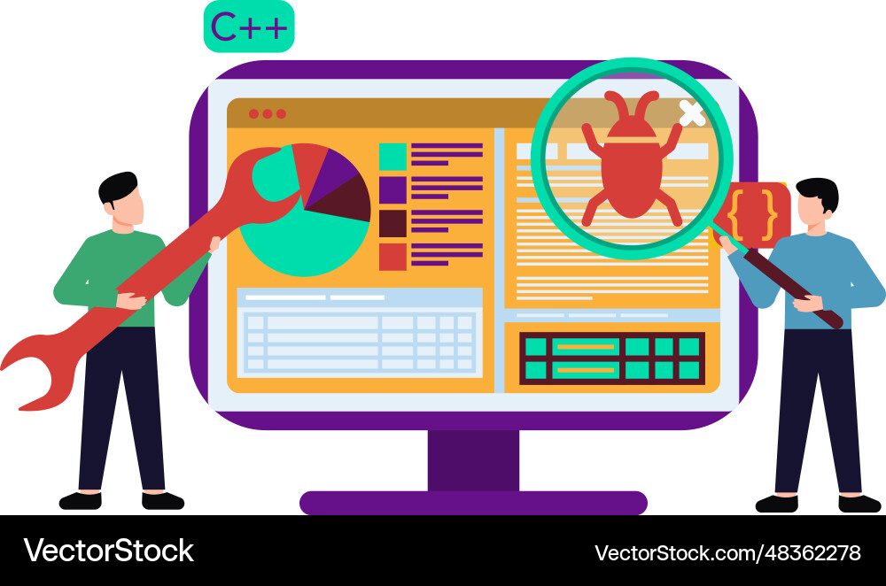 Guy is fixing the bug in codings vector image