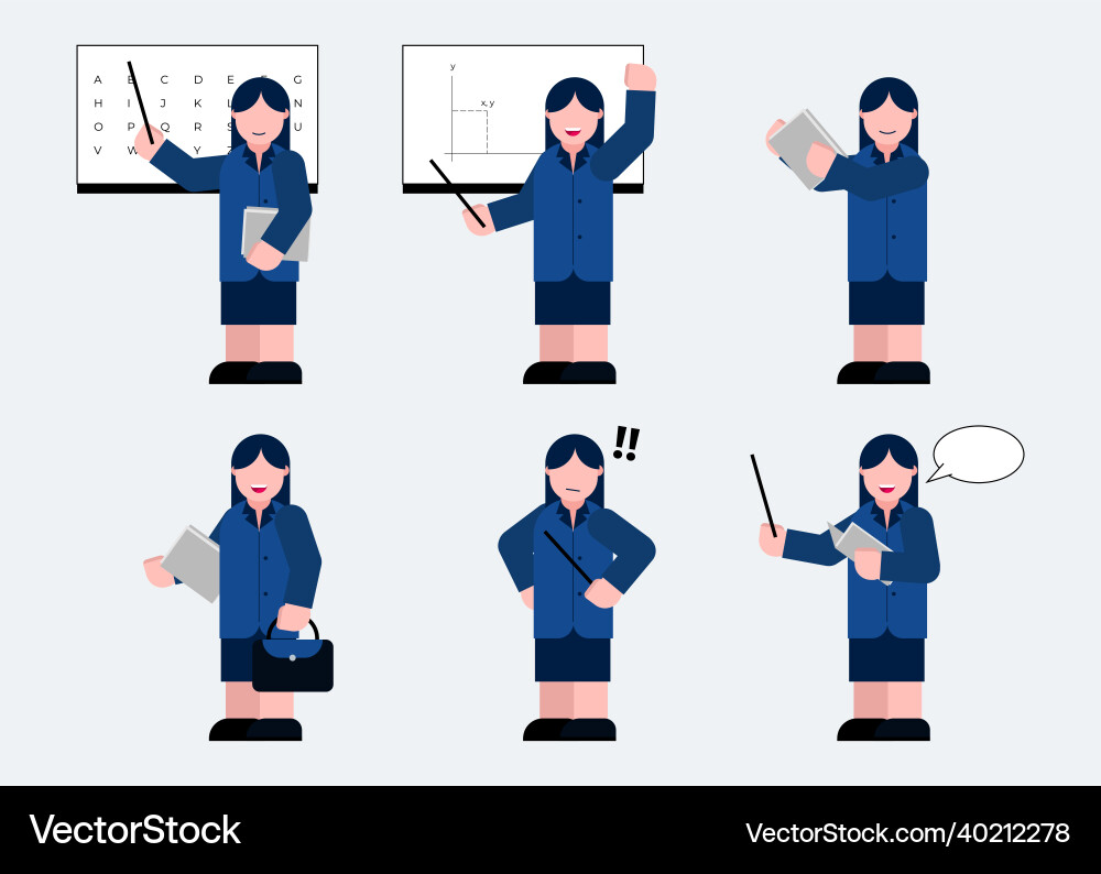Set of female teacher in cartoon characters flat Set of female teacher in cartoon characters flat vector image