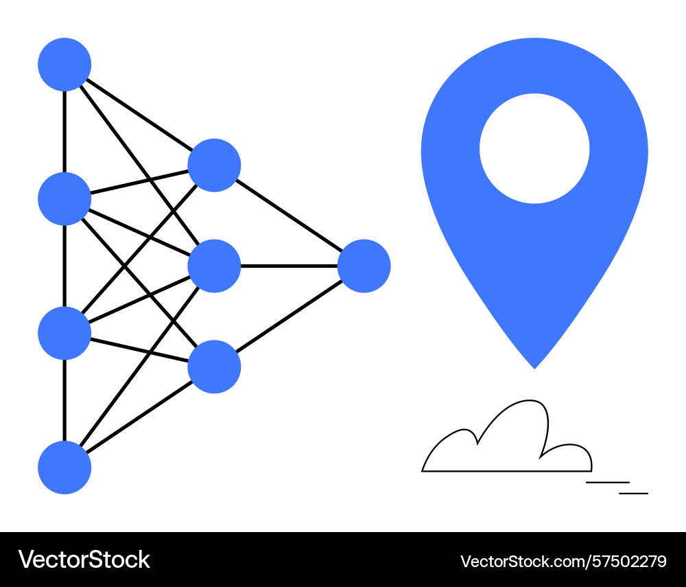 Neural network diagram connected to a map location Neural network diagram connected to a map location vector image