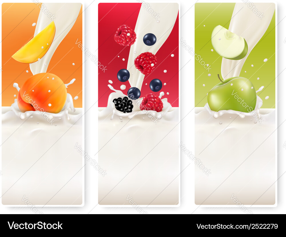 Three fruit and milk banners Vector Image