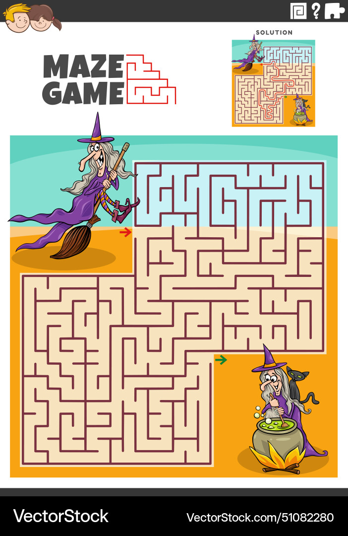 Maze activity with two witches fantasy characters Vector Image