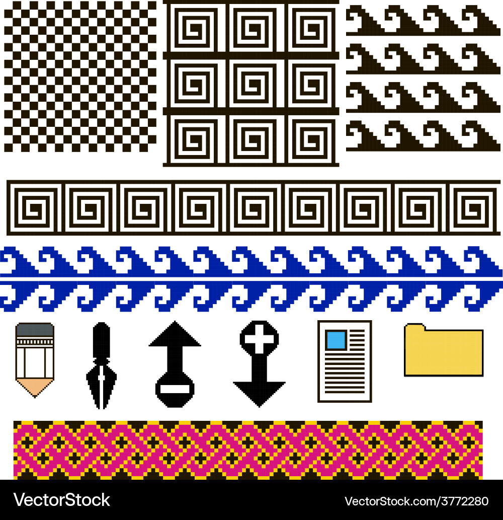 Set of patterns and icons pixel art Vector Image