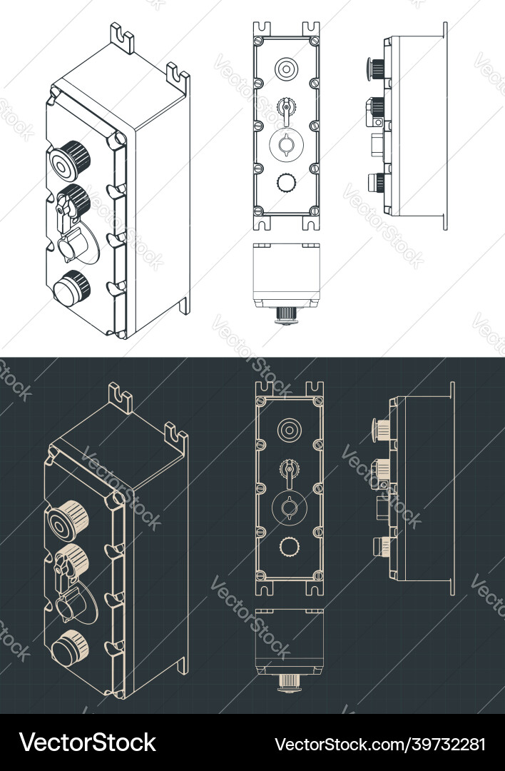 Blueprints of push button switch control box Blueprints of push button switch control box vector image