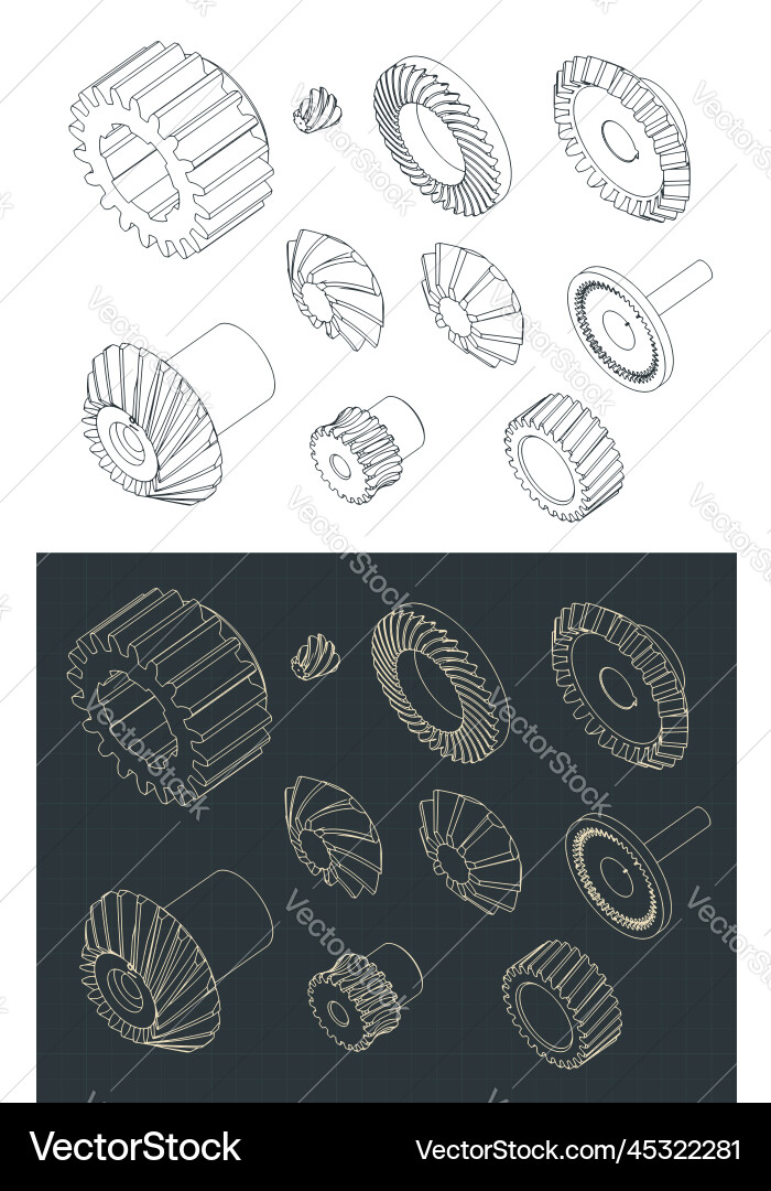 Different types of gears isometric blueprints Different types of gears isometric blueprints vector image