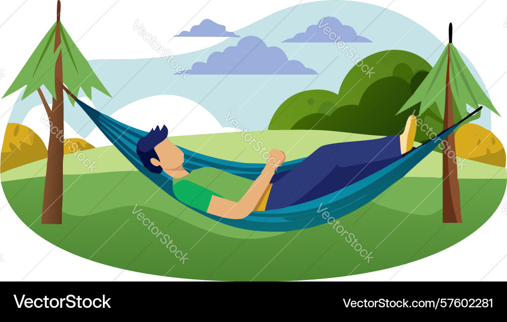 Man unwinds in a hammock enjoying ultimate vector image