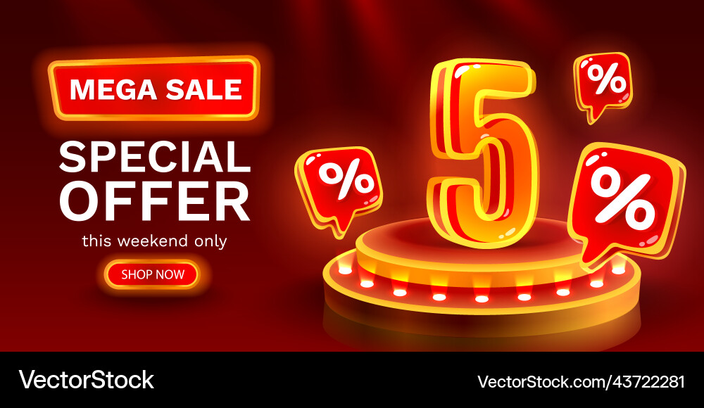 Mega sale special offer neon 5 off banner Mega sale special offer neon 5 off banner vector image