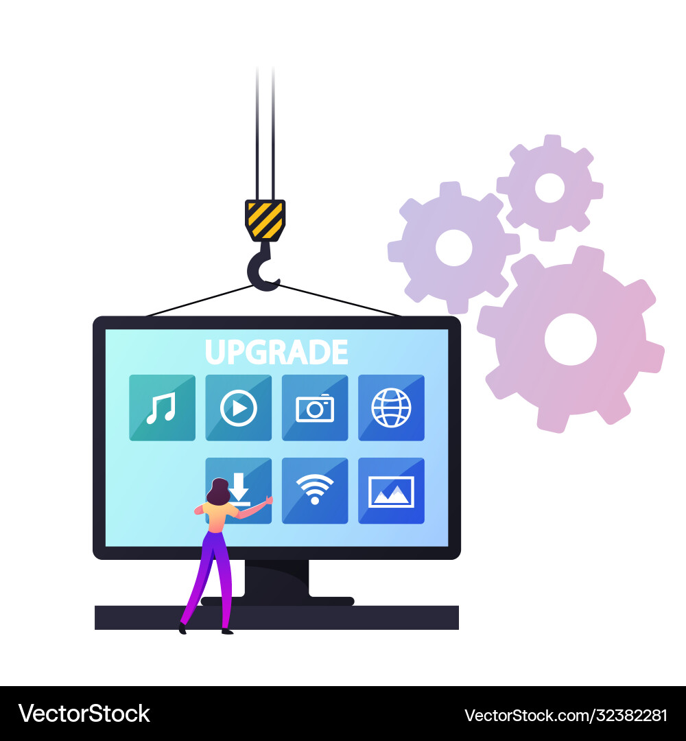 Program upgrading concept tiny female character Program upgrading concept tiny female character vector image