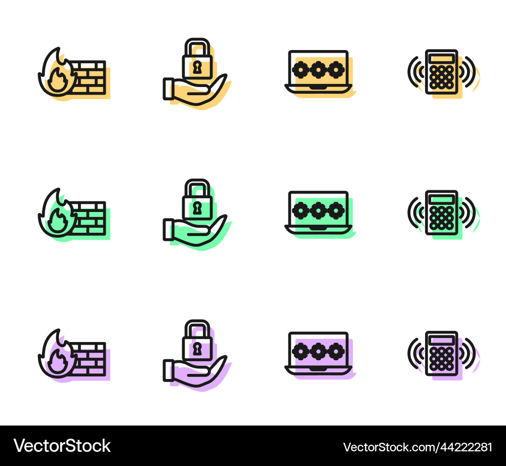 Set line laptop with password firewall security Set line laptop with password firewall security vector image