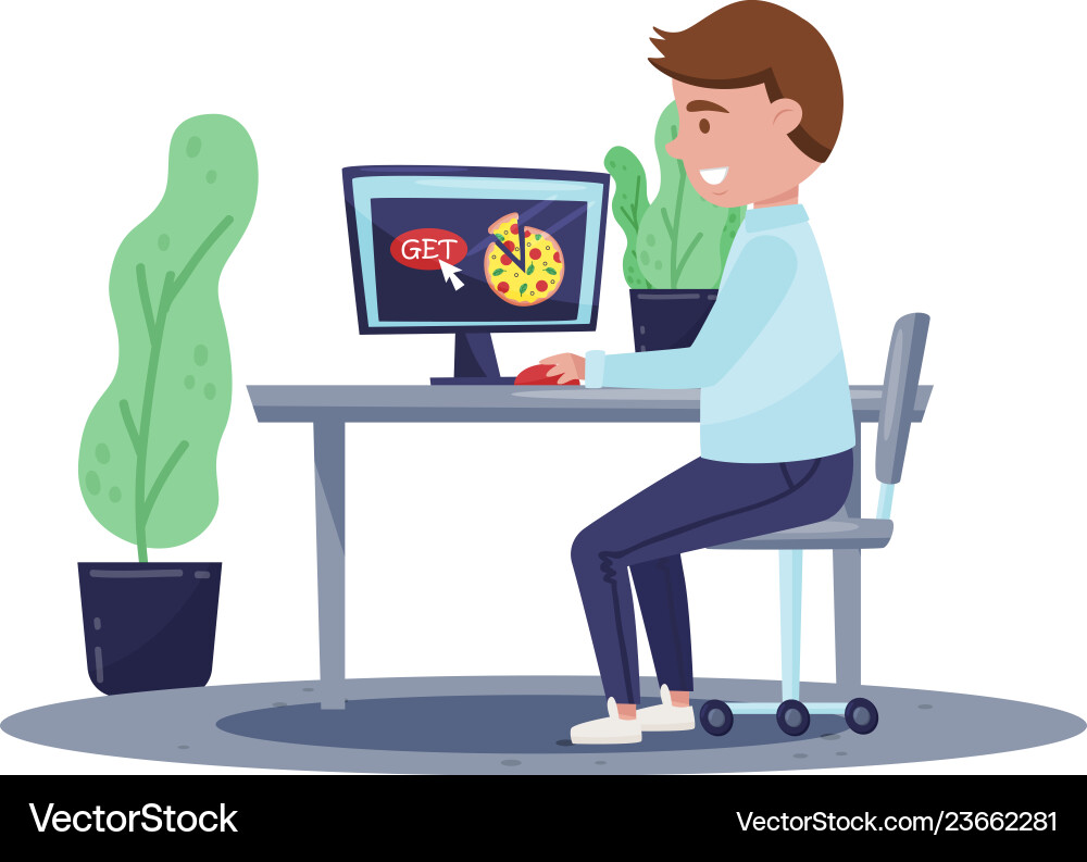 Young man making order of pizza using computer Young man making order of pizza using computer vector image