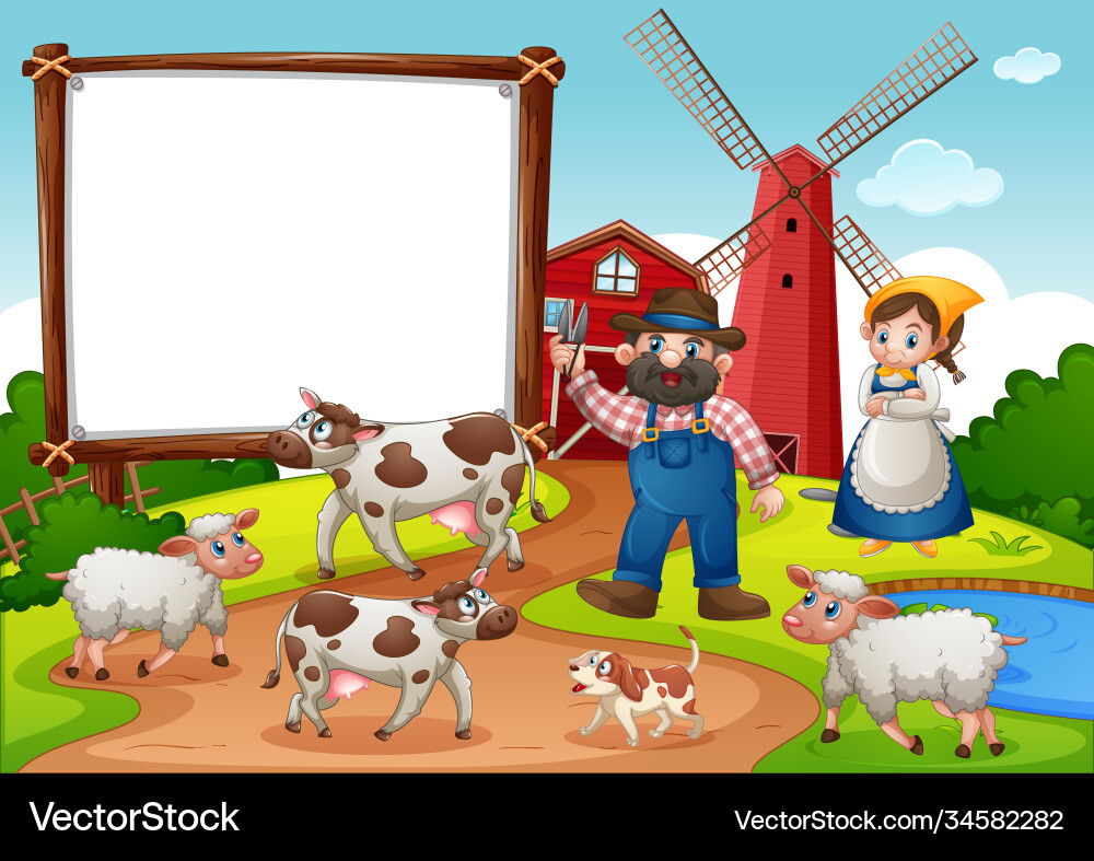 Blank banner in farm with red barn and windmill Blank banner in farm with red barn and windmill vector image