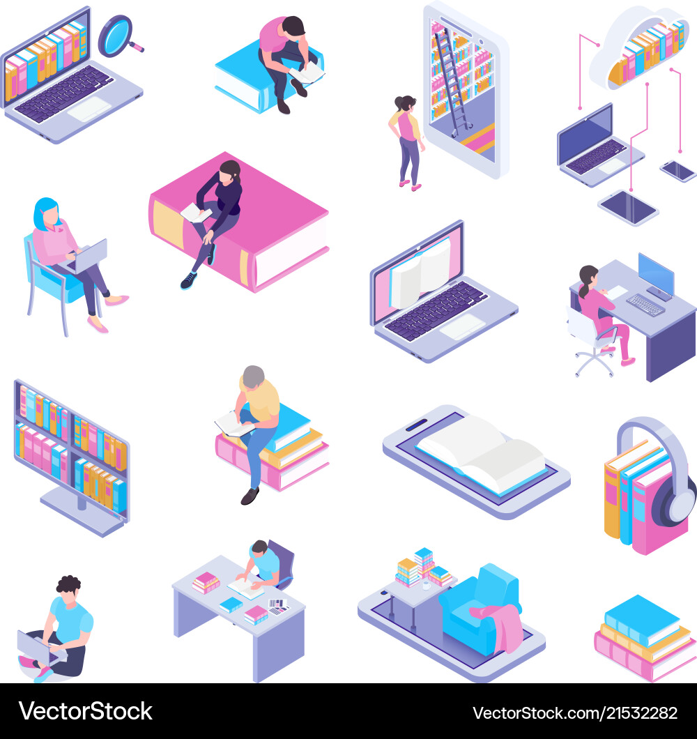 Online library isometric set Royalty Free Vector Image