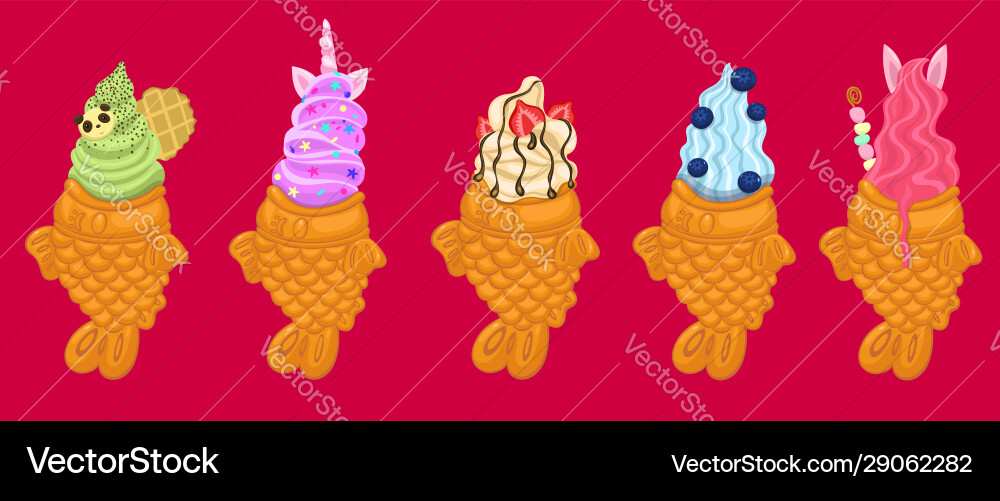 Set five taiyaki ice cream graphics vector image