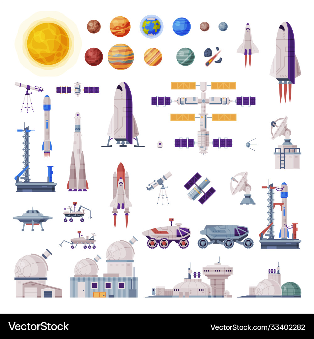 Space objects collection rocket shuttle rover Space objects collection rocket shuttle rover vector image