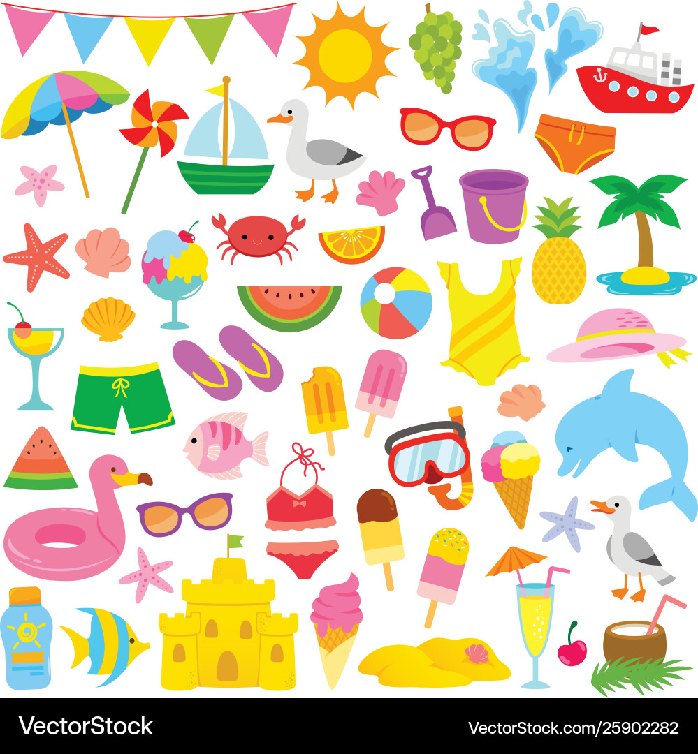 Tropical summer vacation clipart set and seamless patterns