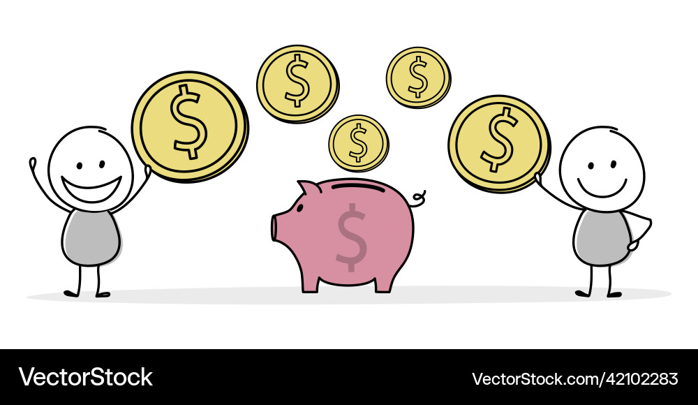 Funny stickman with piggy bank and dollars money Funny stickman with piggy bank and dollars money vector image