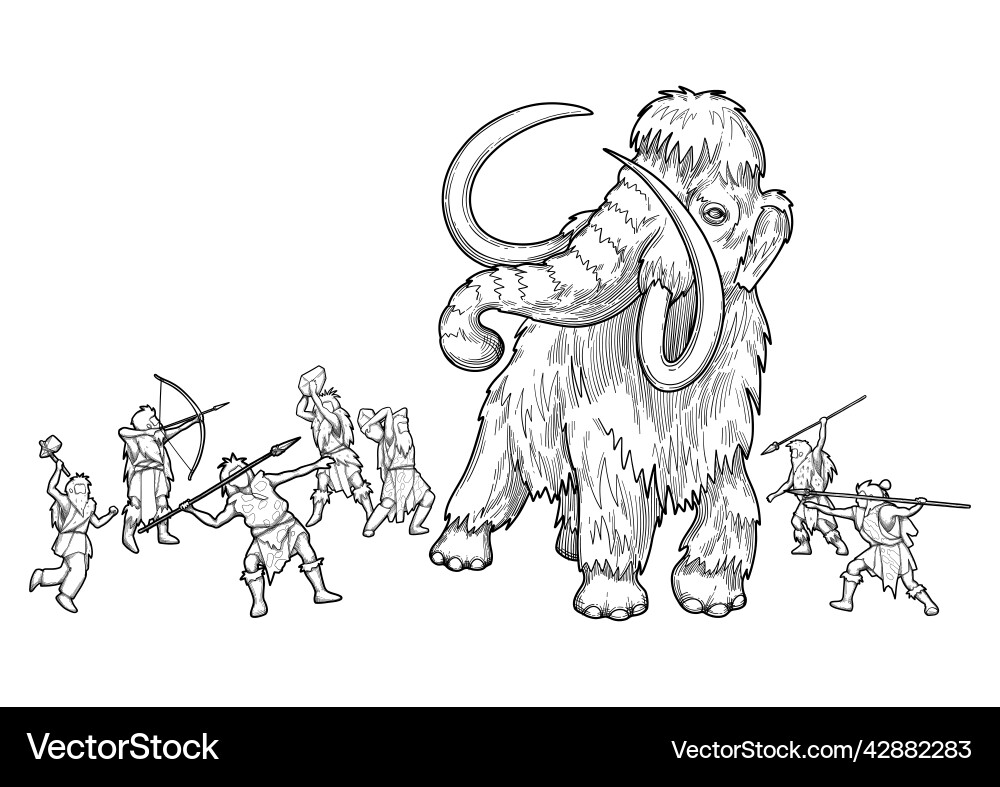 Grafische Szene von Höhlenmenschen die auf einer Mammut jagen Grafische Szene von Höhlenmenschen die auf einer Mammut jagen vektorbild