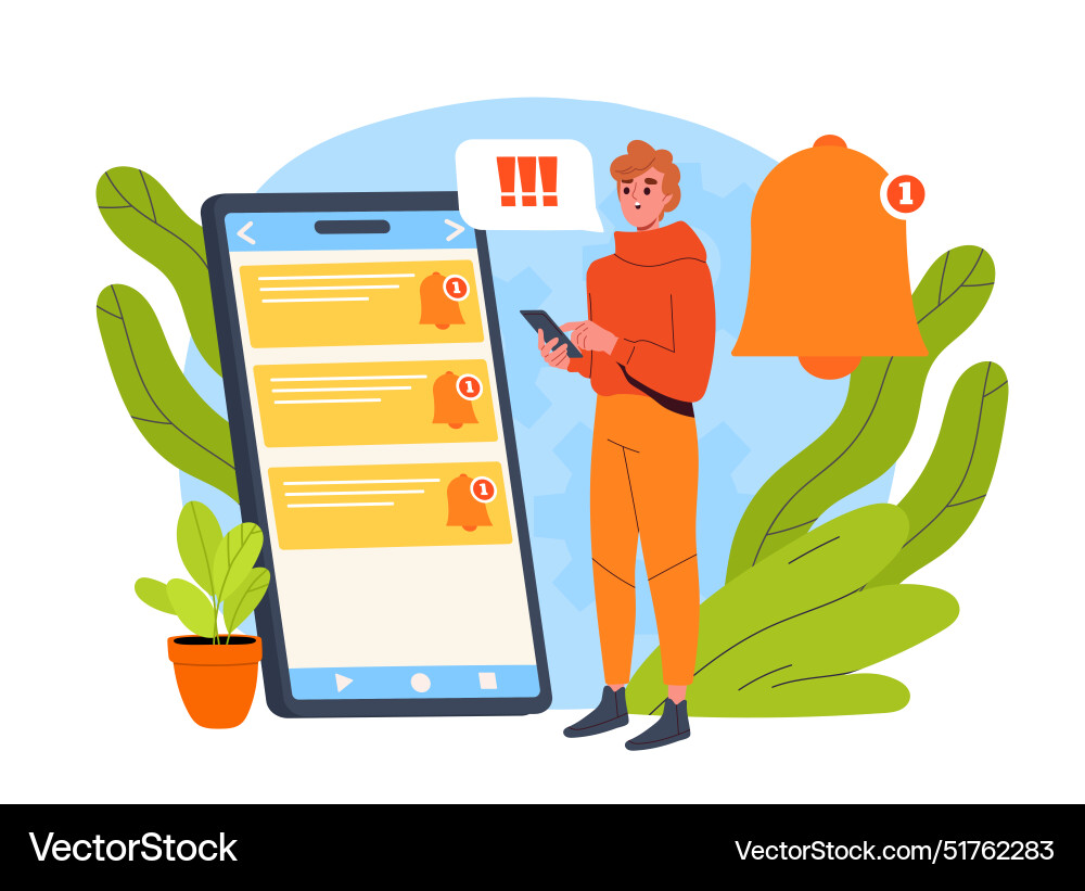 Man with notifications in phone Man with notifications in phone vector image