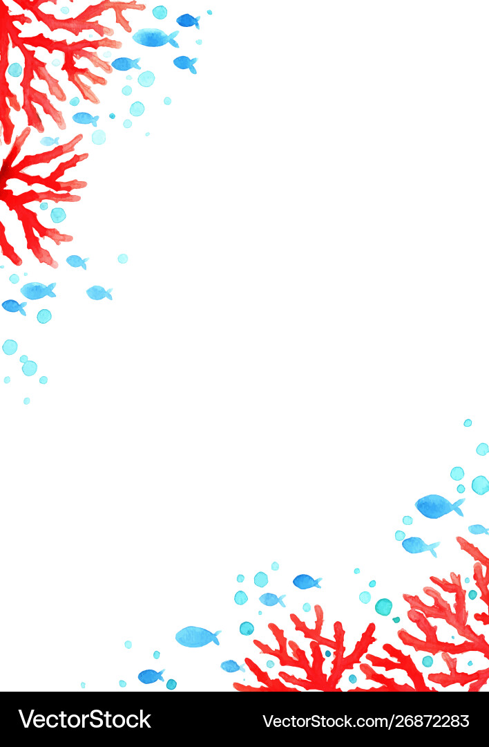 Red Coral Watercolor Frame with Fish Vector Image