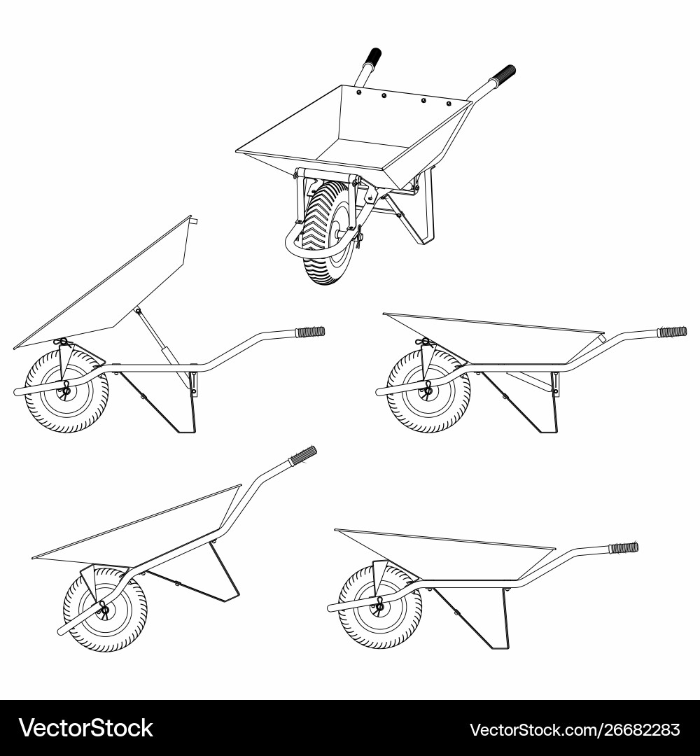 Wheelbarrow multiple views and outline only Wheelbarrow multiple views and outline only Vector Image