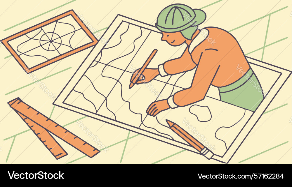 Architect designing on a blueprint with precision Vector Image