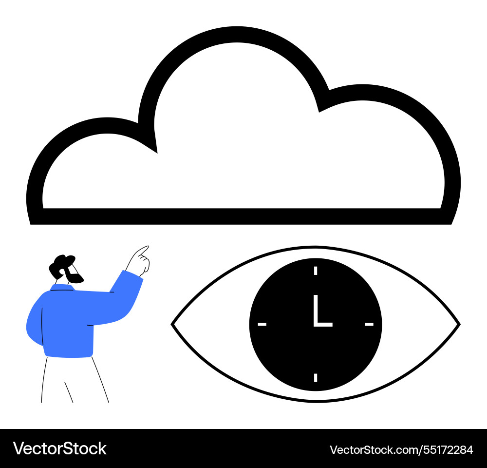 Man pointing at cloud above eye with clock symbol Man pointing at cloud above eye with clock symbol vector image