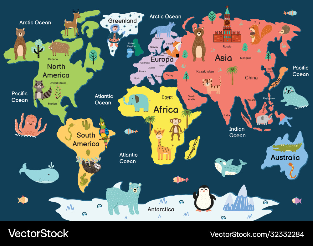 Map world with cute animals colorful Map world with cute animals colorful vector image