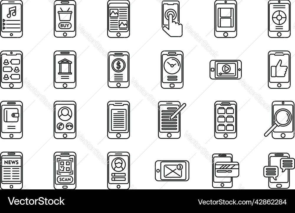 Using smartphone icons set outline app Using smartphone icons set outline app Vector Image