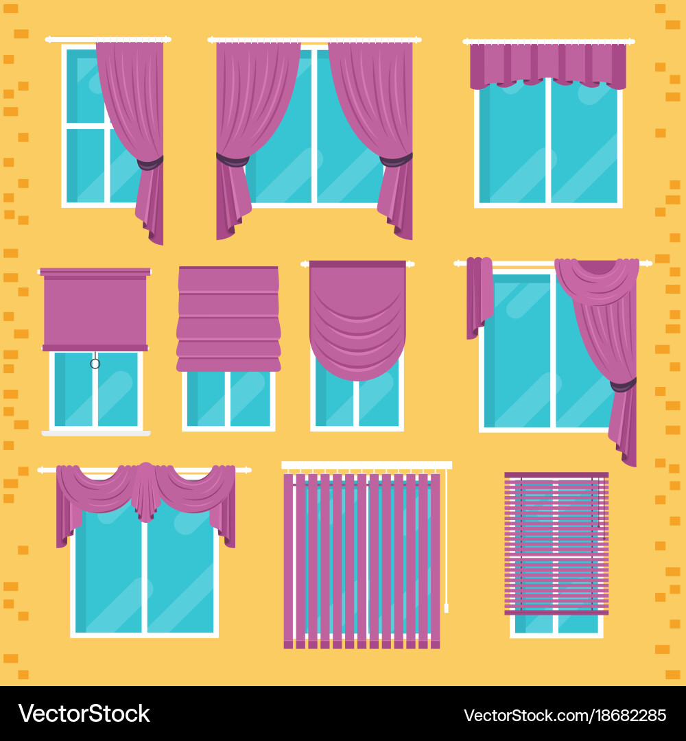 Collection of various window treatments curtains Vector Image