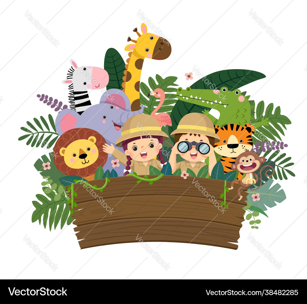 Kids and wild animals with empty wooden sign vector image