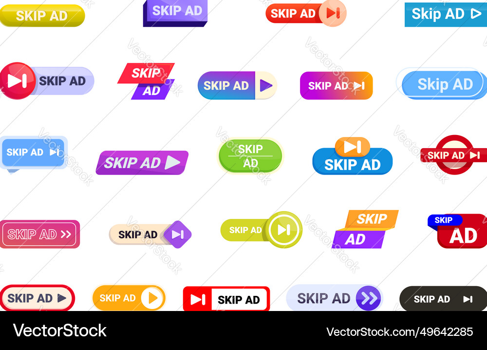 Skip ad icons set cartoon apply cursor Skip ad icons set cartoon apply cursor vector image