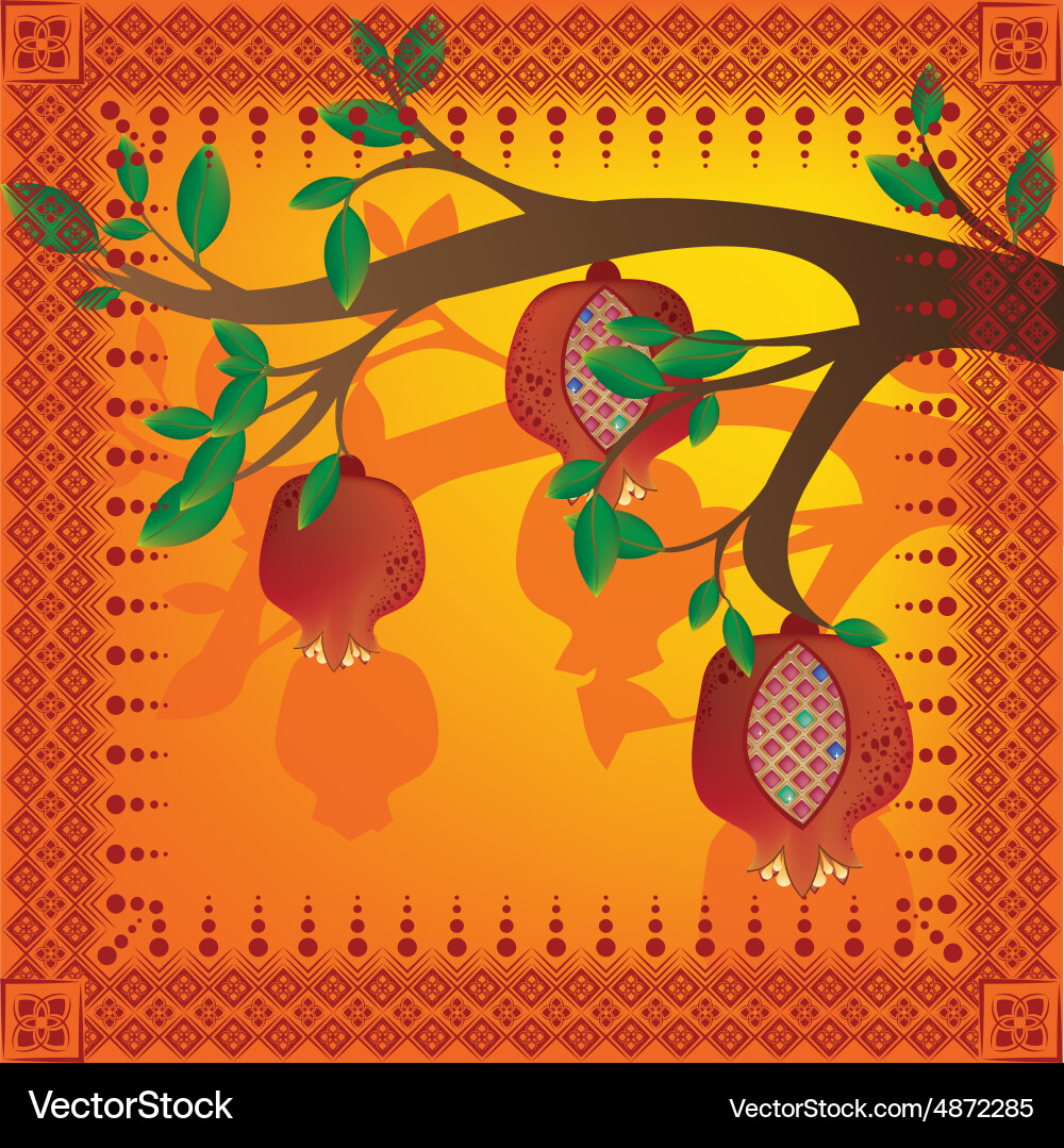 Tree branch with pomegranates and pattern Vector Image