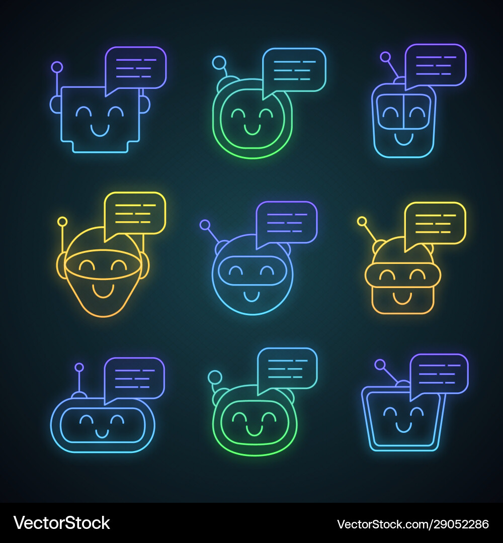 Chatbots messages neon light icons set Chatbots messages neon light icons set Vector Image