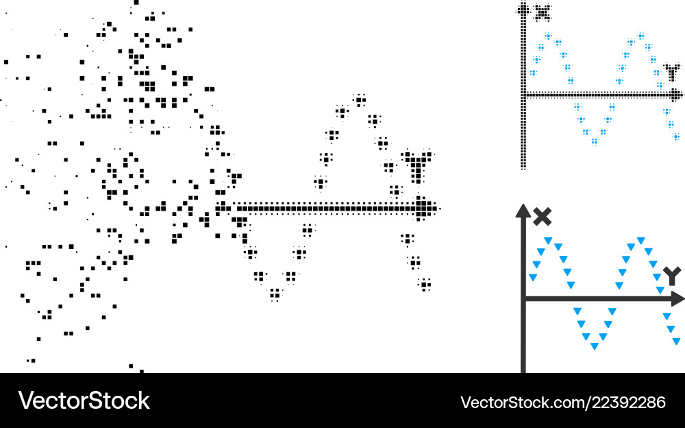 Fragmented pixelated halftone dotted sine plot Fragmented pixelated halftone dotted sine plot Vector Image