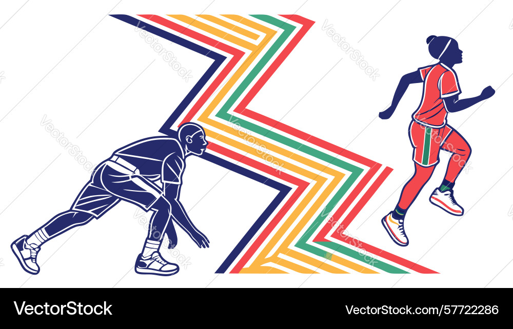 Two dynamic runners on a zig-zag path symbolizing vector image
