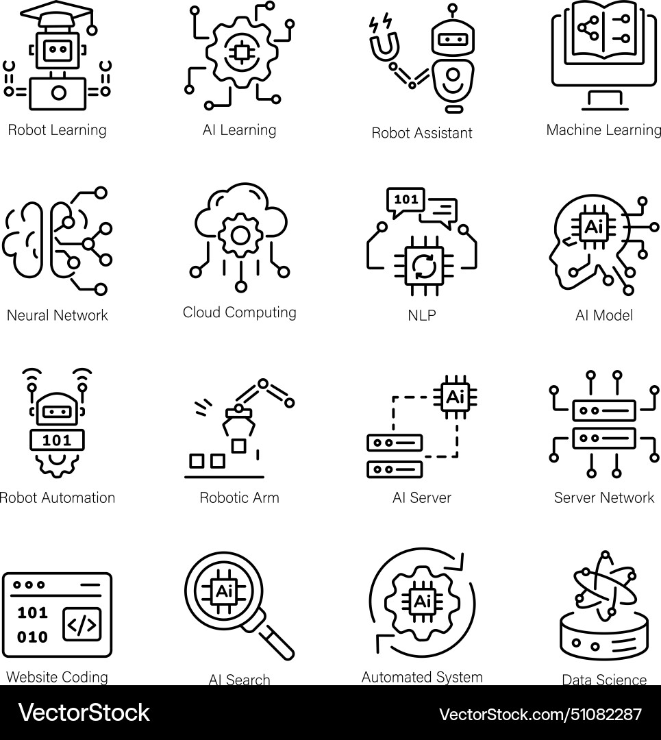 Bundle of 16 machine learning linear icons vector image