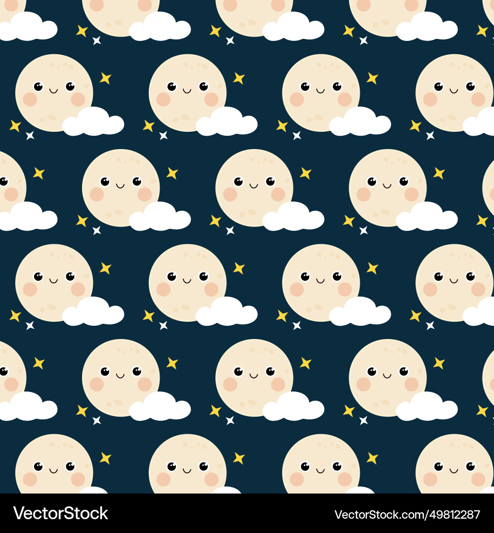 Cute pattern with smiling moon character clouds Cute pattern with smiling moon character clouds Vector Image