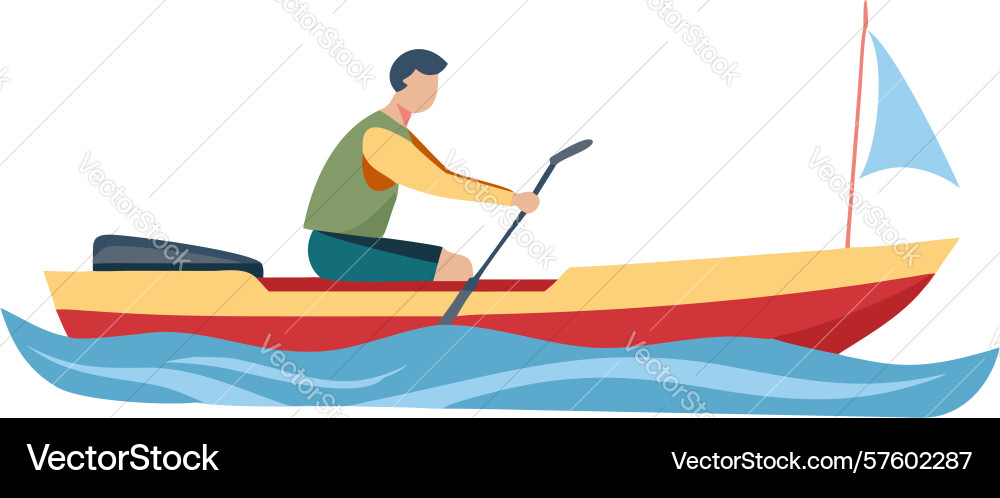 Man rows small boat with sail on calm waters vector image