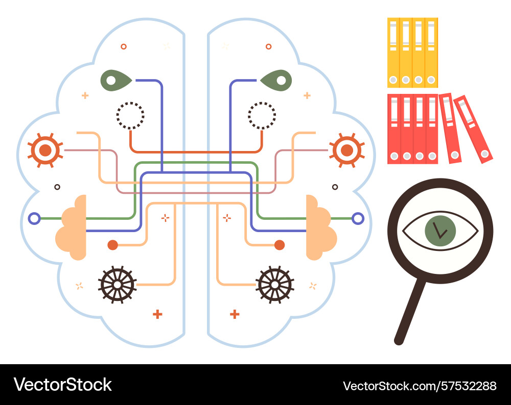 Brain connected with digital circuits magnifying Brain connected with digital circuits magnifying vector image