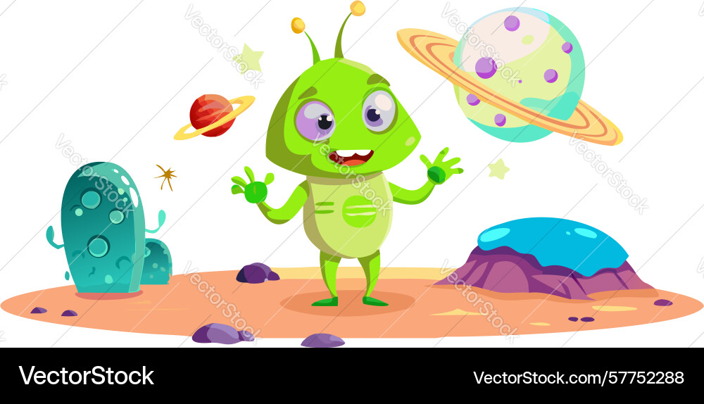 Curious green alien exploring multiple planets Vector Image