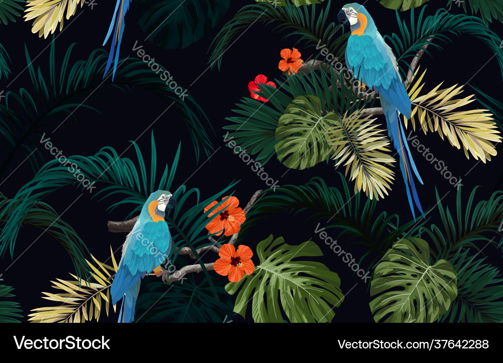 Dark tropical seamless pattern with exotic Dark tropical seamless pattern with exotic Vector Image